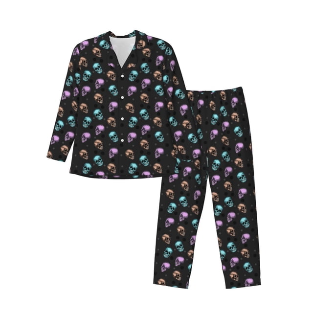 Fotbe purple cyan brown Skull Pijama de Hombre con Estampado de Manga Larga, Conjunto de 2 Piezas, Ropa de Dormir Suave y Cómoda con Bolsillos-Large