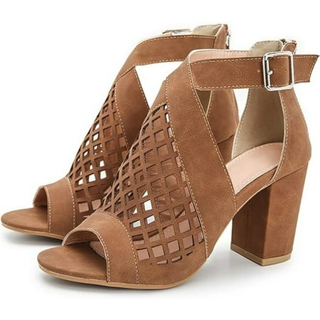 

ZBCHLS Womens Chunky Heel Sandals Cut Out Peep Toe Zipper Block Heel Sandals Summer Beach Dressy Party High Heeled Sandals