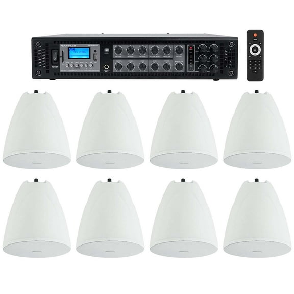 Rockville 6-Zone Commercial Amp 8 White Pendant Speakers For Restaurant/Bar/Cafe