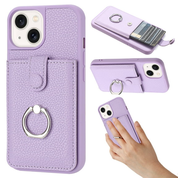 Allytechgroup Case for iPhone 14 Plus, 360 Rotating Ring Kickstand Wallet Phone Case with Card Slots [Magnetic Button Closure] Slim PU Leather Soft TPU Shockproof Bumper Flip Stand Back Cover, Purple