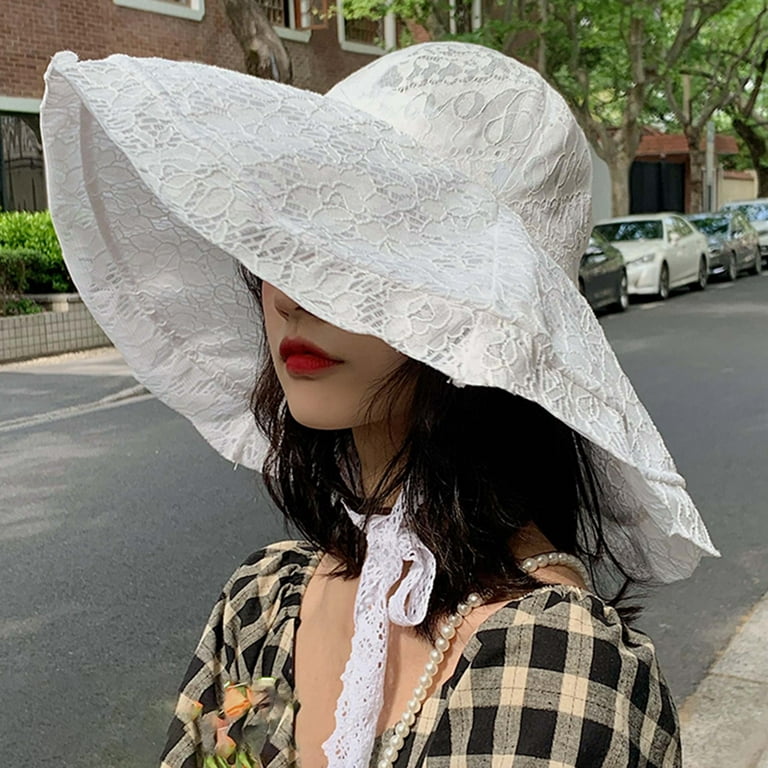 Honrane Women Hat Solid Color Breathable Sweet Style White Durable Lace  Royal Big Brim Anti-UV Sun Hat Women Headwear
