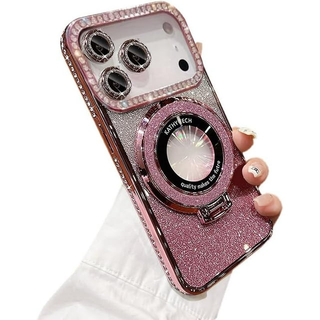 Bling Glitter Phone Case Compatible with iPhone 17 Pro, Kickstand Camera Lens Protector Soft Cover Sparkling Rhinestone Case (Pink)