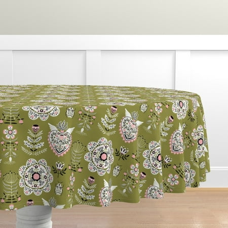 

Cotton Sateen Tablecloth 90 Round - Retro Folk Floral Olive Pink Scandi Art Boho Kitchen Scandinavian Hearts Flowers Leaves Print Custom Table Linens by Spoonflower