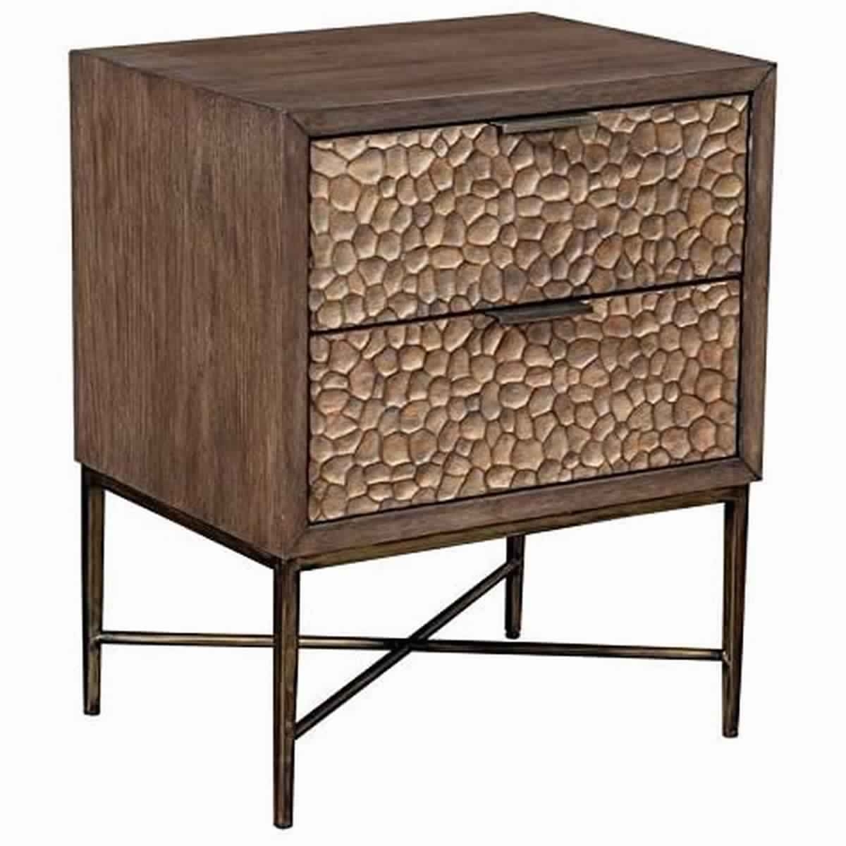 2 Drawer Wooden Nightstand with Polyresin Textured Front, Brown
