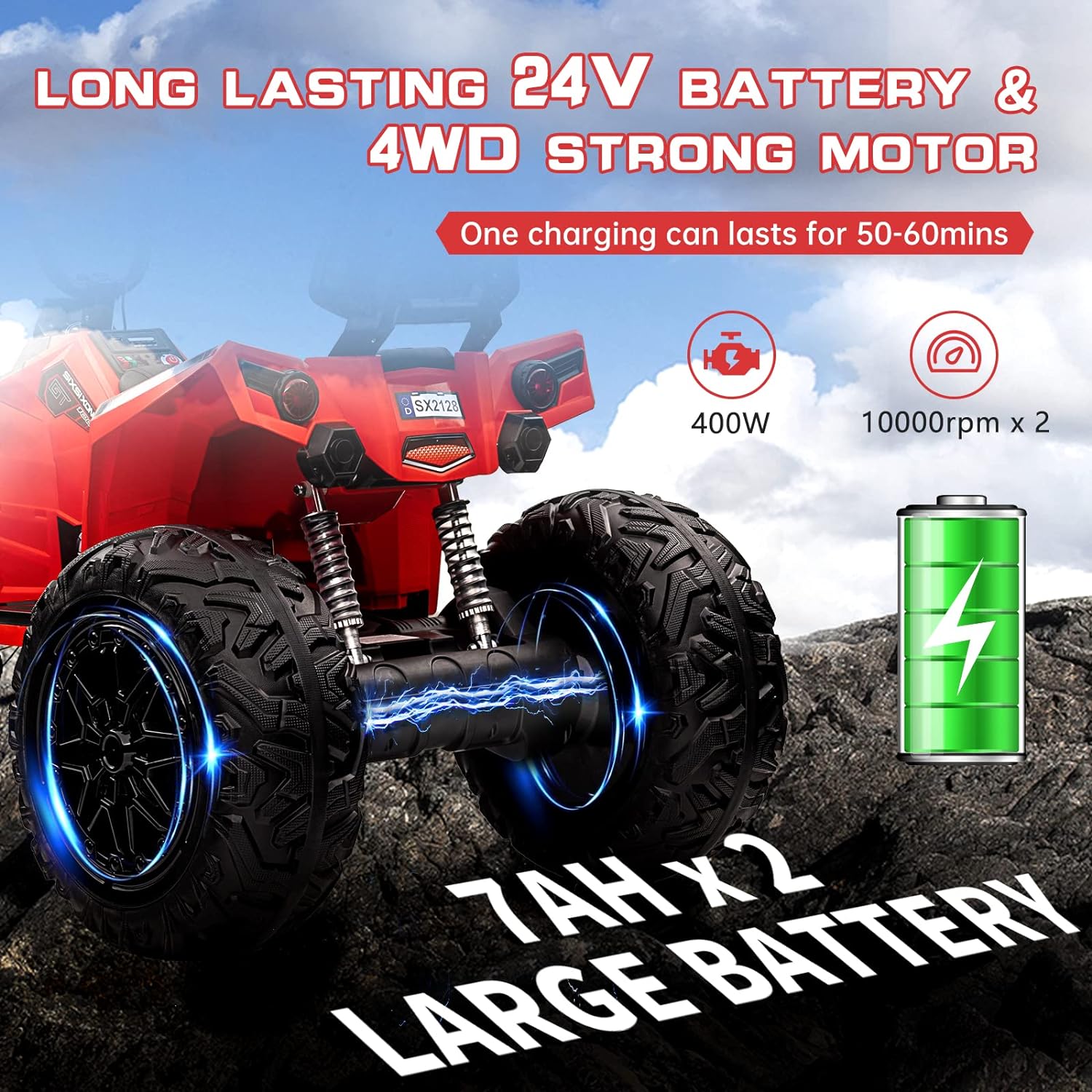 Electric ATV 24v Quad Ride on Toy – 4WD Battery Powered Vehicle with Dual 7AH Batteries, 4×80w Strong Motors, EVA Rubber Wheels, Handlebar Throttle, LED Lights & Built-in Music, Red