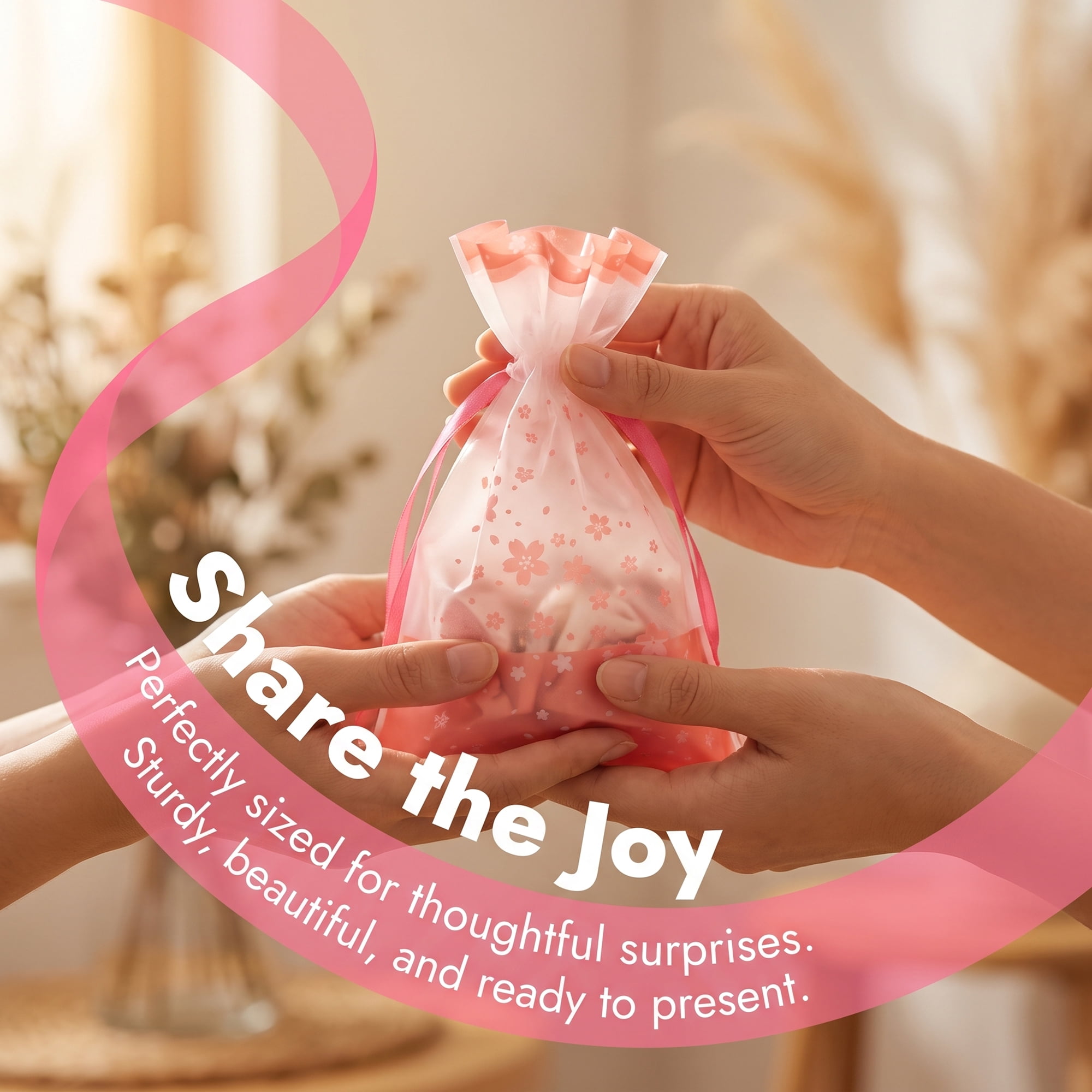 Unique Bargains 10Pcs Waterproof Gift Bags with Handles Pink Cherry Blossoms 4.7" x 6.7"