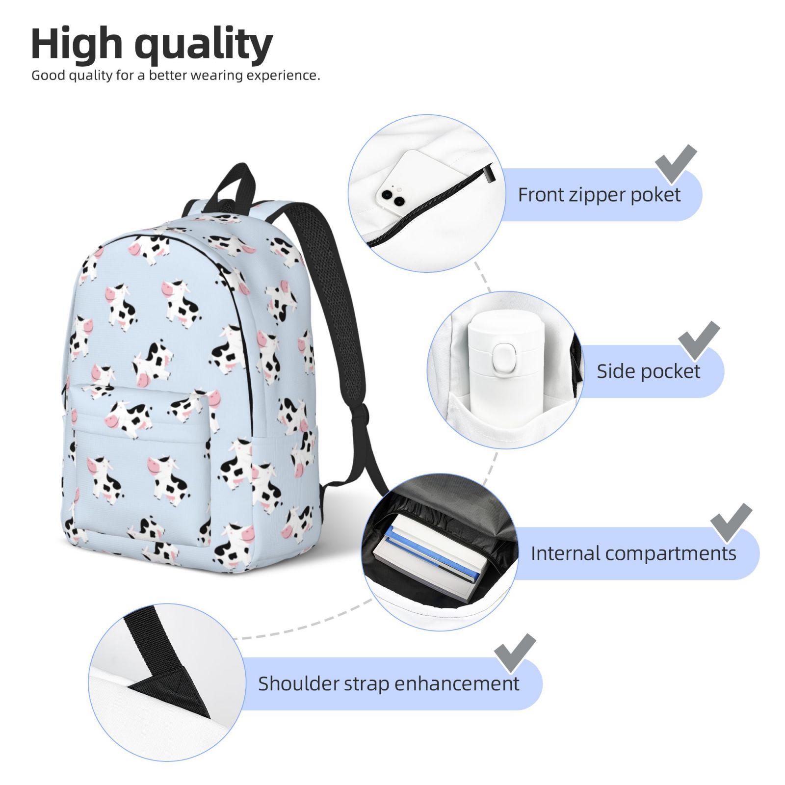 Kuqiui Cute Farm Cow Print Canvas Travel Laptop Backpack for Men Women,Business Work Rucksack College School Computer Bag Fits 15.6 Inch Notebook
