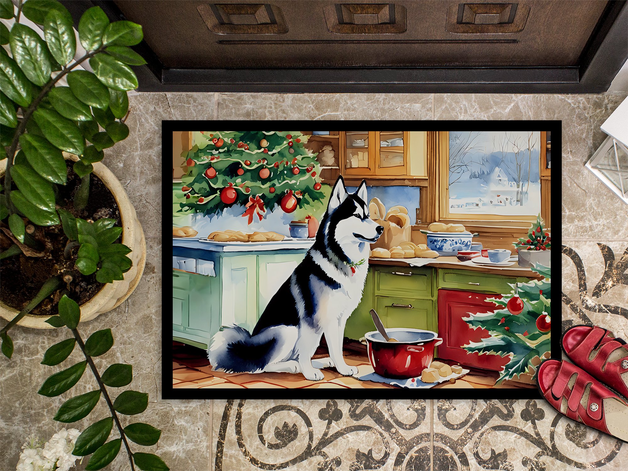 Carolines Treasures DAC3884MAT 18 x 27 in.  Siberian Husky Christmas Cookies Doormat