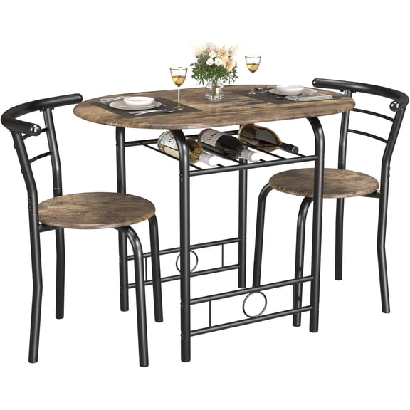 3-Piece Wooden Round Table & Chair Set, Compact Dining Furniture for Small Spaces, Patio, Balcony, Walnut and Black