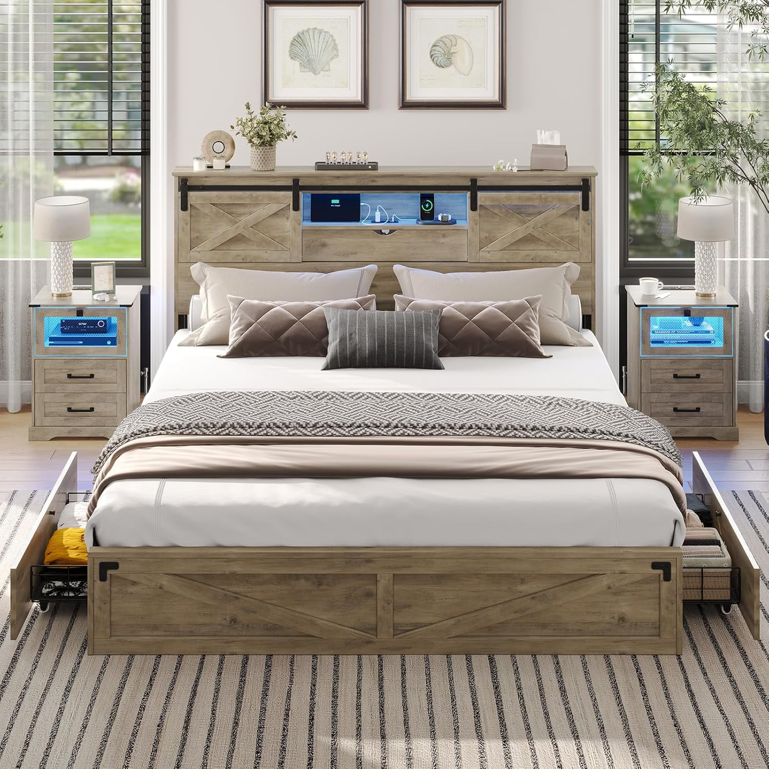 Farmhouse California King Size Bed Frame with LED Lights, Charging Station, Wooden California King Bed with Storage Bookcase Headboard, 2 Drawers, Country Rustic Bed Frame with Sliding Barn Door,Gray