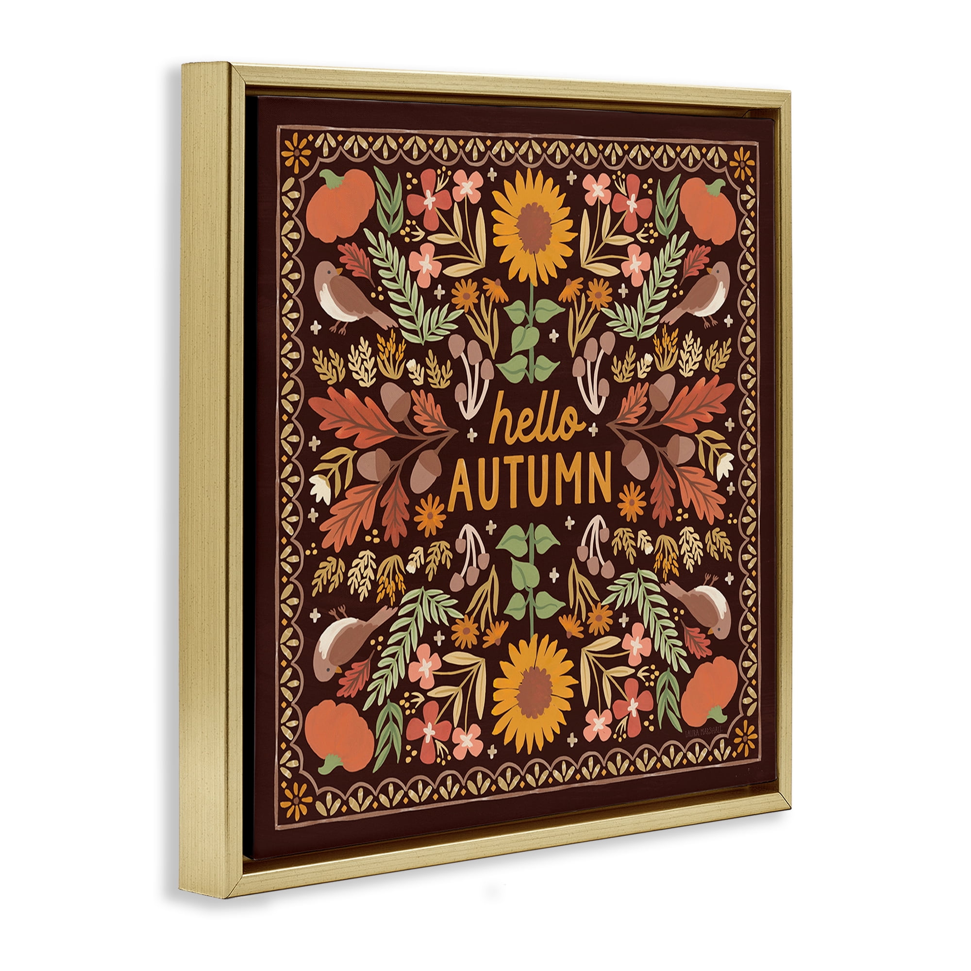 Stupell Industries Hello Autumn on Brown Landscape Painting Gold Floater Framed Art Print Wall Art, 25 x 25