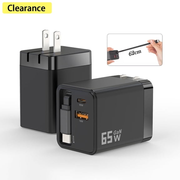 Elnone 65W GaN Retractable Wall Charger, USB C PD PPS Fast Charging for Phone Tablet Travel, Black