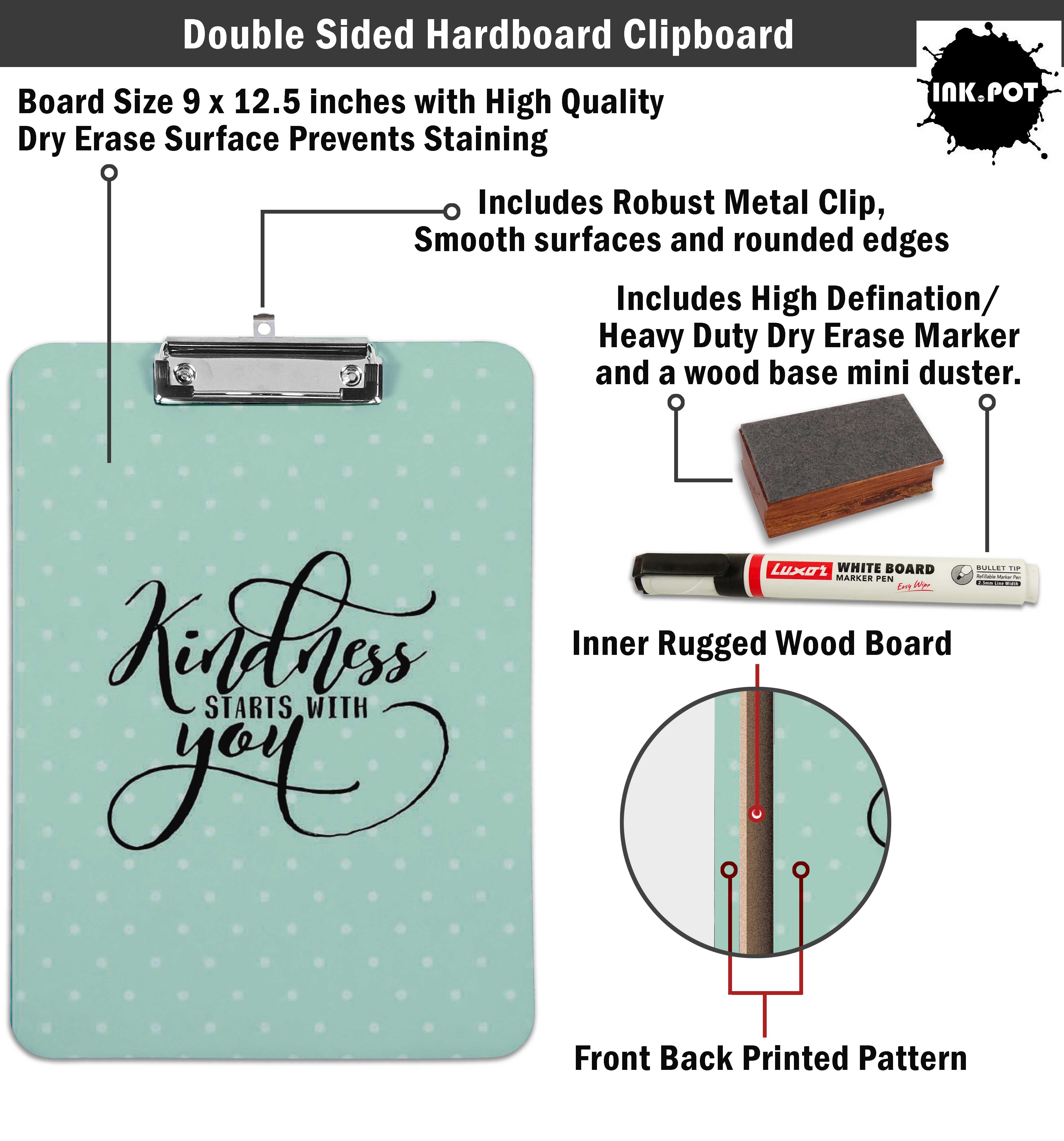Inkdotpot Dry Erase Double Sided Clipboard Text Printed Paperboard Clipboard With Free Marker & Duster