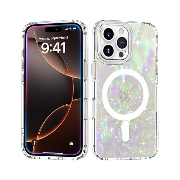 YJJSKEJI for iPhone 16 Pro Max Case, Compatible with MagSafe, Cute Glitter Pearl Design for Women and Girls, Hard PC Protective Bumper Phone Case for iPhone 16 ProMax 6.9-inch 2024, Cloud