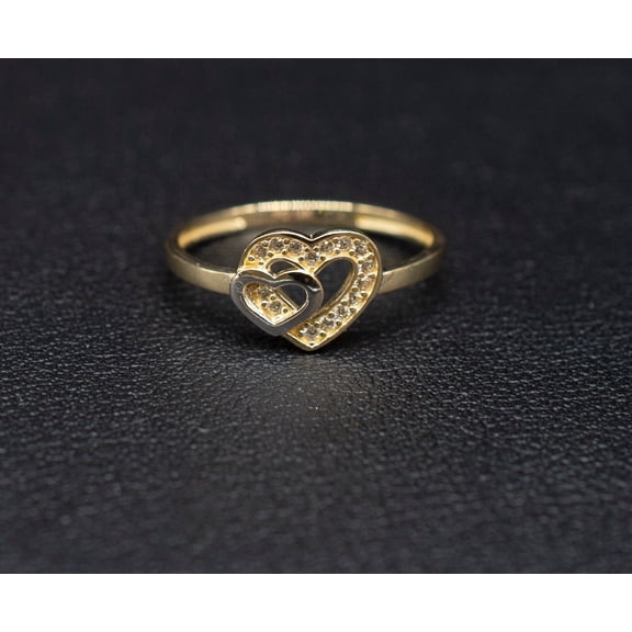 14k Real Solid Yellow Gold Double Heart Ring, 14k Solid Gold Women Heart Ring, Heart Symbol Gemstone Gold Ring for Women, Gift (Ring size:6 1/2;)