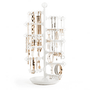 12-Tier 17.5" 360° Jewelry Organizer | Earring Necklace Bracelet Ring | Display Holder with Dish | 120-Hole Tree Stand (White)