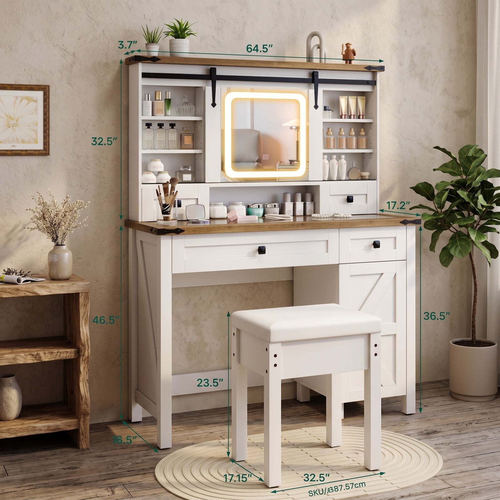 Furnibear Farmhouse Makeup Vanity Desk with 3 Color LED Sliding Mirror and 4 Drawers and Side Cabinet and Padded Stool, White