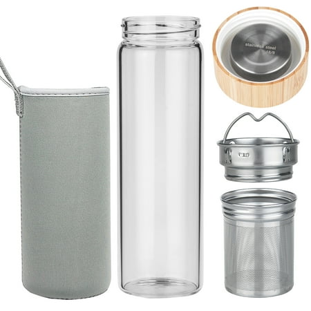 ORIGIN Best BPA-Free Fruit and Tea Infuser Borosilicate Glass Water Bottle with Neoprene Sleeve and Bamboo Lid, Double Mesh Filter, Travel Tumbler
