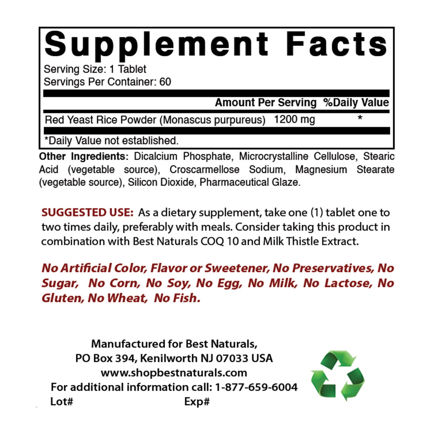 3 Pack Best Naturals Red Yeast Rice 1200 mg 60 Tablets