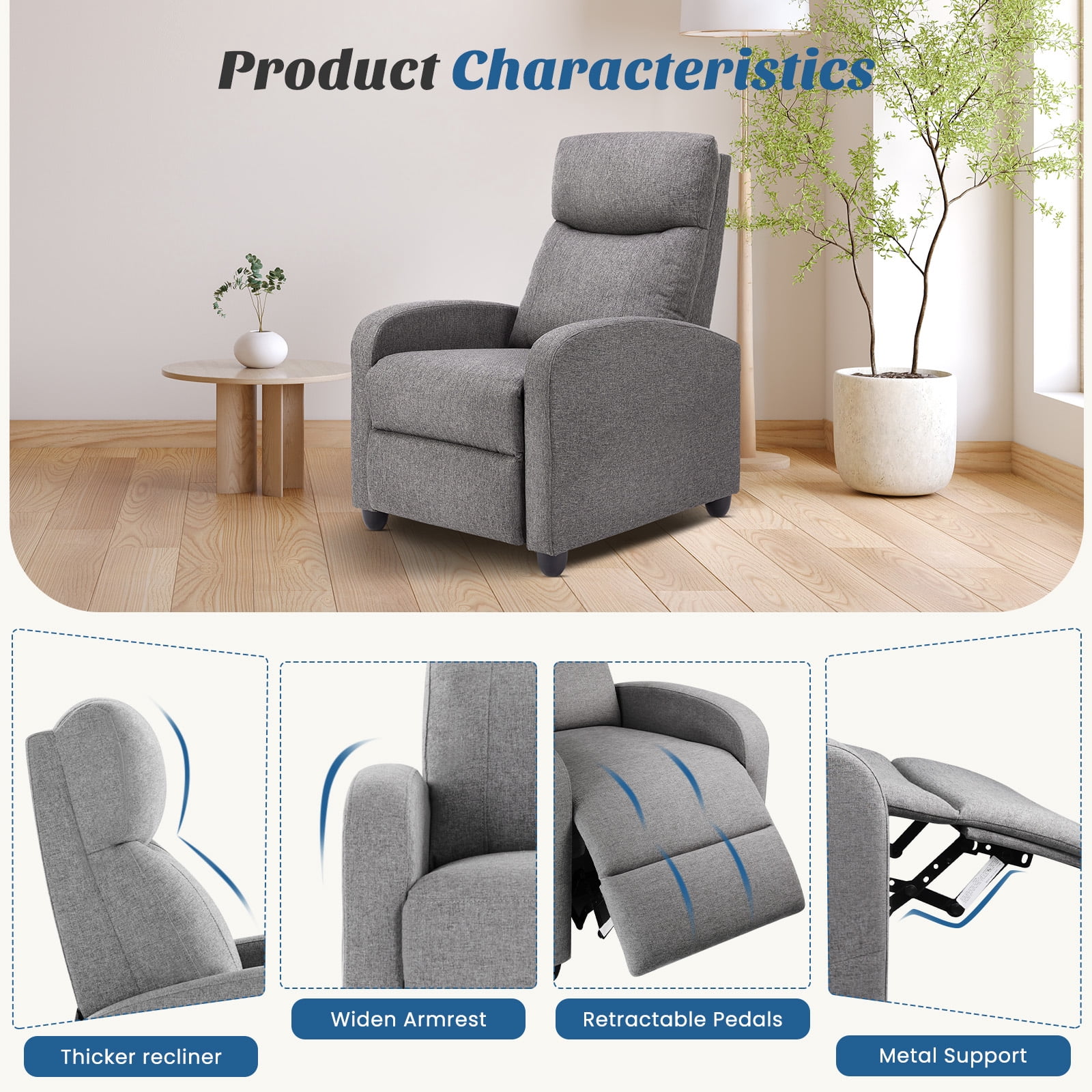 JIOABL Recliner Sofa, Adjustable Comfort Footrest for Living Room, Lounge, Bedroom, Gray