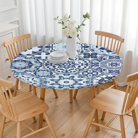 Round Tablecloth Boho Style with Elastic Edge, Fits 36-44" Tables, Waterproof Oxford Material, Ideal for Daily Setup