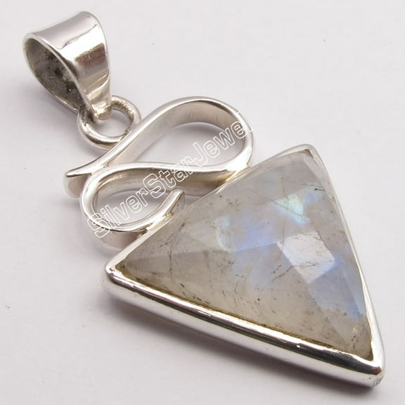 SilverStarJewel .925 Sterling Silver Cut Big Rainbow Moonstone Triangle Pendant 1.5" 5.2 Grams