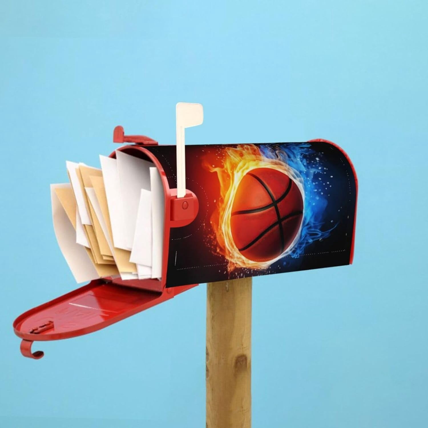 Basketball Mailbox Covers, Fire and Water Magnetic Post Box Cover Wraps Standard Size 21x18 in for Garden Yard Decor