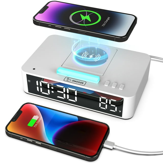 Multifunctional LED Mirror Digital Alarm Clock Desktop Electronic Clock with RGB Ambient Light Snooze Mode Temperature Display 10W Wireless Charging Function Replacement for iPhone Samsung Android