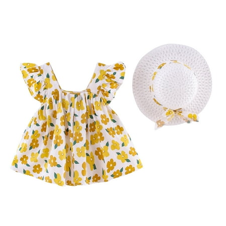 

Summer Dress Girls Short Sleeve A Line Short Dress Floral Print Yellow 80/5