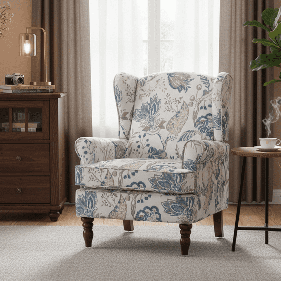 Aukfa Wingback Accent Chair,Upholstered Club Chair with Solid Wood Legs for Living Room, Bedroom & Office,Floral Blue