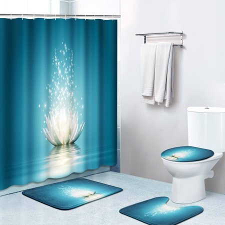 ZHANZZK Magic Lotus Flower Turquoise Zen 4 Piece Bathroom Set Shower Curtain Bath Rug Contour Mat and Toilet Lid Cover