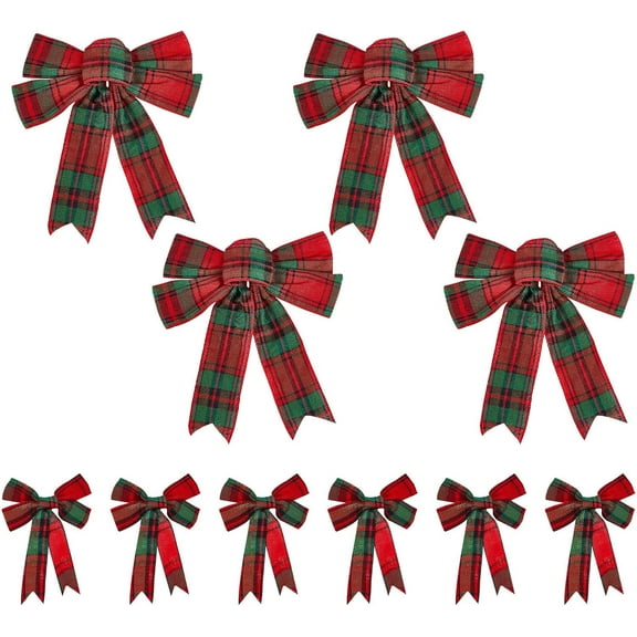 1 Bag 10Pcs 2 Style Christmas Bows Decorations Wreath Bow Burlap Bownot Decorative for Clothes Hats Tree Topper Wedding Birthday Party Decor Red and Green 160~300x120~260x11~21mm