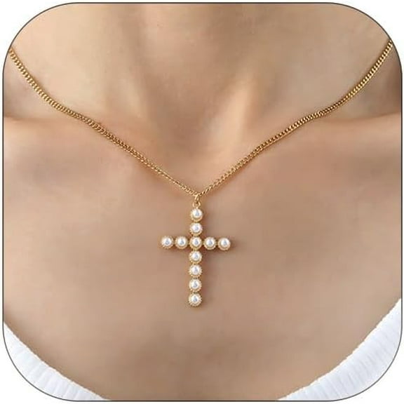 Pearl Cross Necklace for Women Gifts for Christmas Baroque Pearl Necklaces Big Gold/Silver Cross Necklace Stainless Steel Chain Necklace for Men Trendy Christian Gifts (Gold-3)