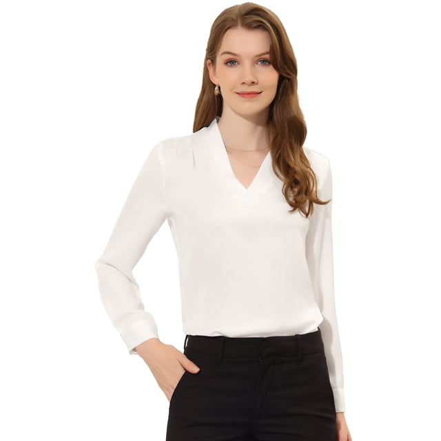 Blusa de trabajo Allegra K de manga larga con hombros plisados y cuello en V elegante blanco XL
