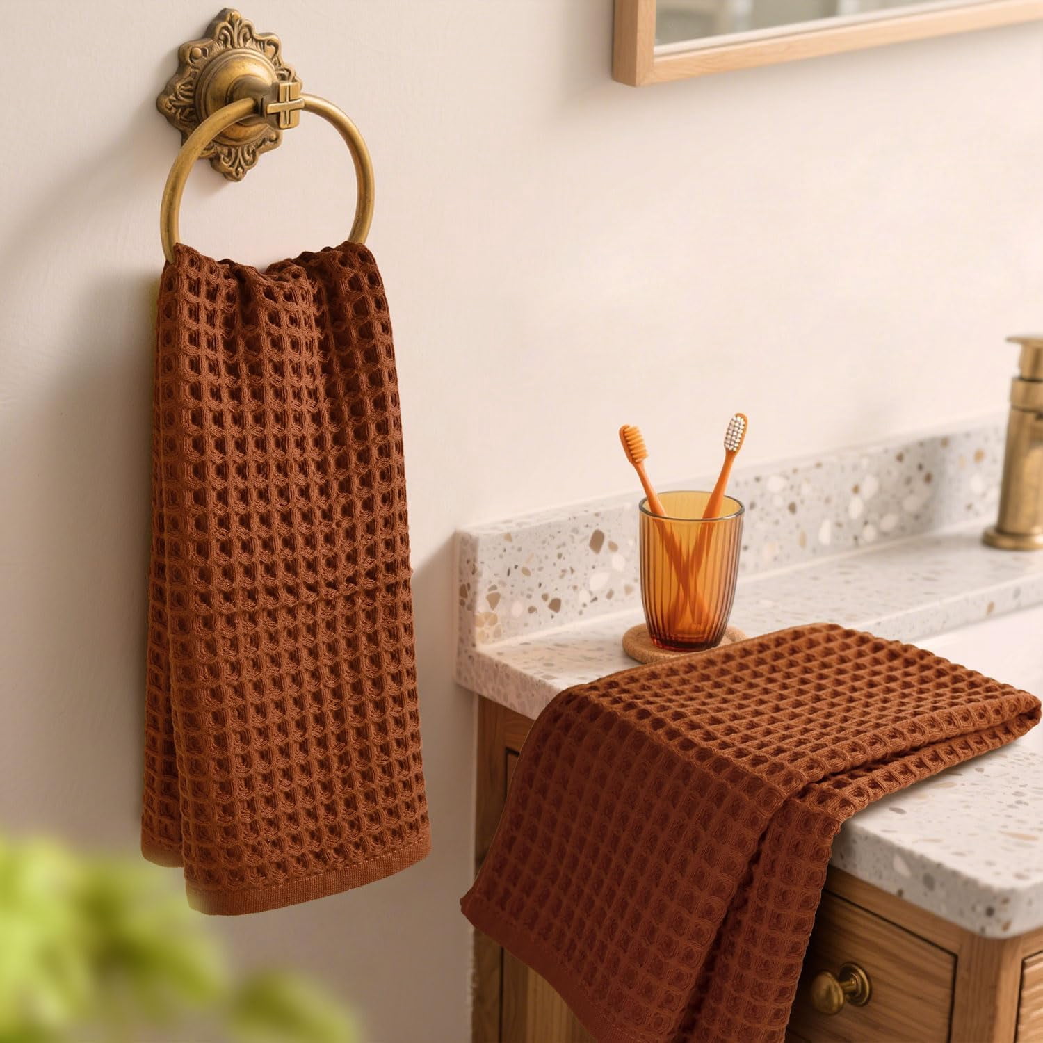 Waffle Hand Towels for Bathroom Kitchen 2-Piece (Rust) – Cotton Quick Dry, Super Soft, Absorbent Towels for Fall Decor, 13x29”
