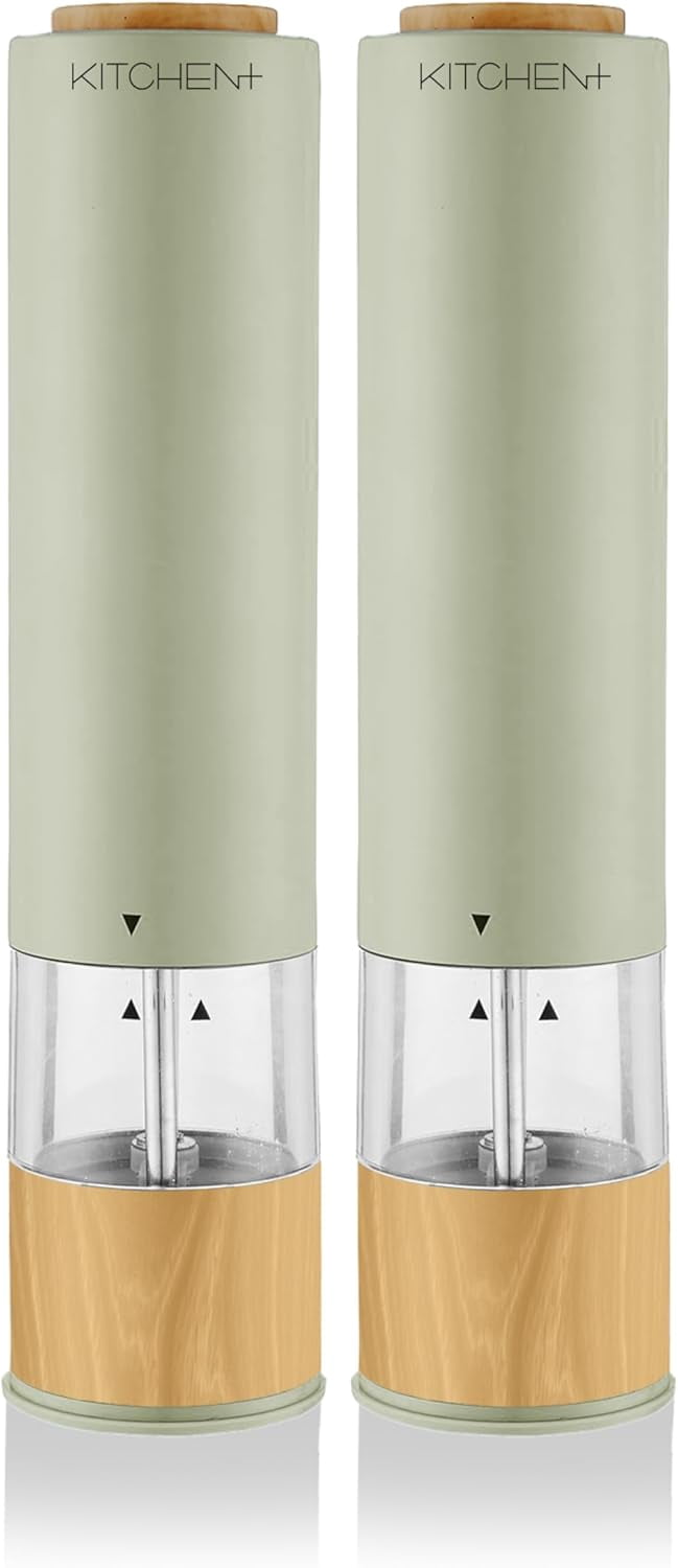 Living+ Electric Salt and Pepper Grinder Set – Automatic Battery Salt & Pepper Mills with Adjustable Grind, Built-In Light, Sleek Matte + Wood Trim Design, Easy Refill, Durable Ceramic Spice Grinder