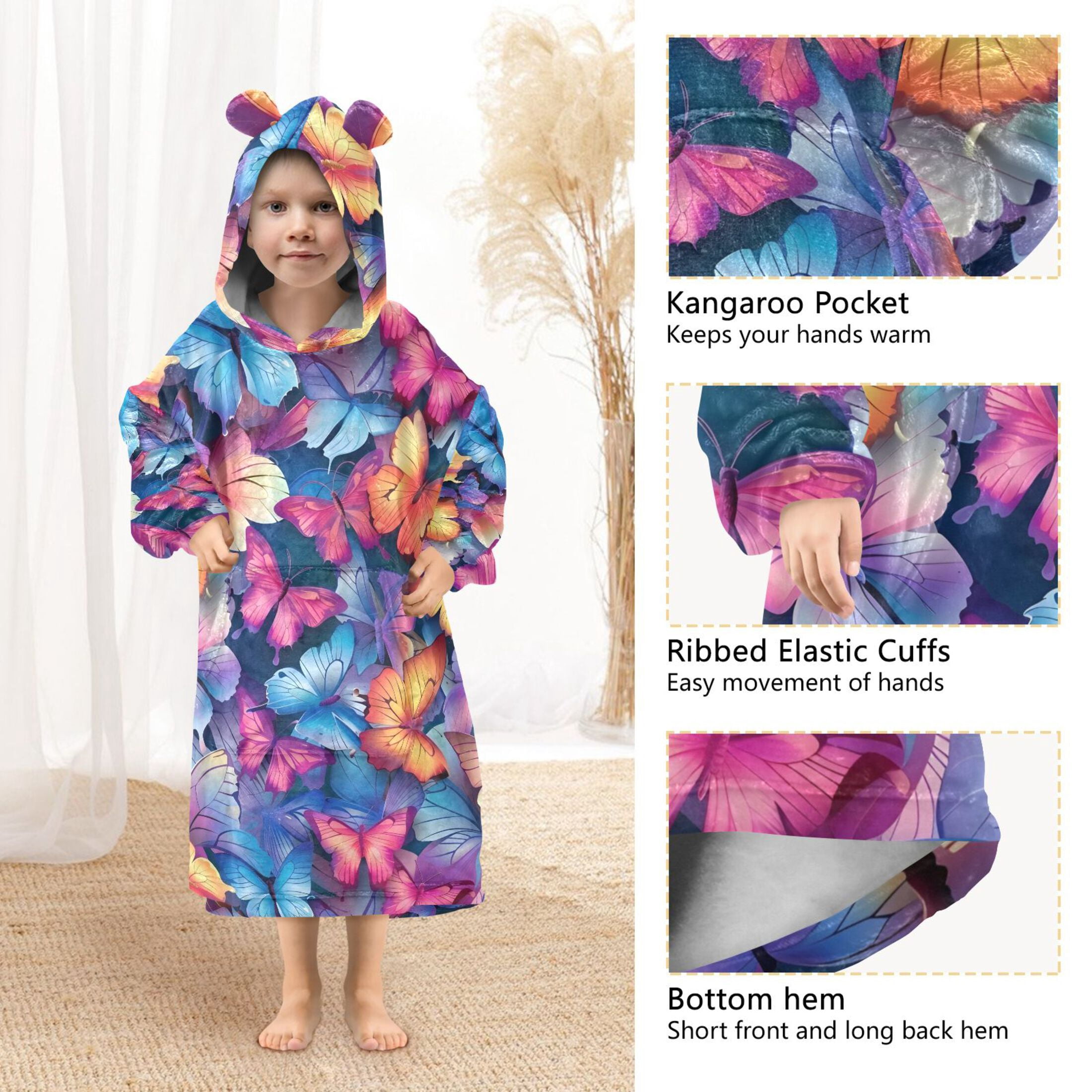 Dailycode Wearable Blanket Hoodie Oversized Sherpa Flannel Blankets with Pocket for 3-14 Year Old Vibrant Butterflies