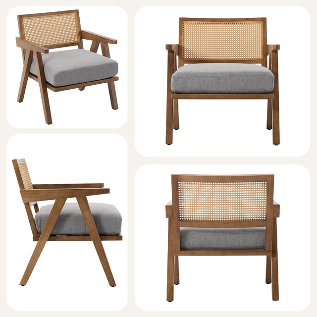 Mid-Century Modern Accent Chair with Rattan Backrest & Thick Linen Cushion - Comfortable Wood Armchair for Living Room/Bedroom/Balcony - Easy Assembly - Linen | Gray, Brown Frame