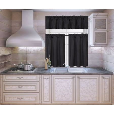 K3 Black 3-Piece Blackout Rod Pocket Kitchen Window Curtain Set Darkening Tier Panels Treatment with Matching