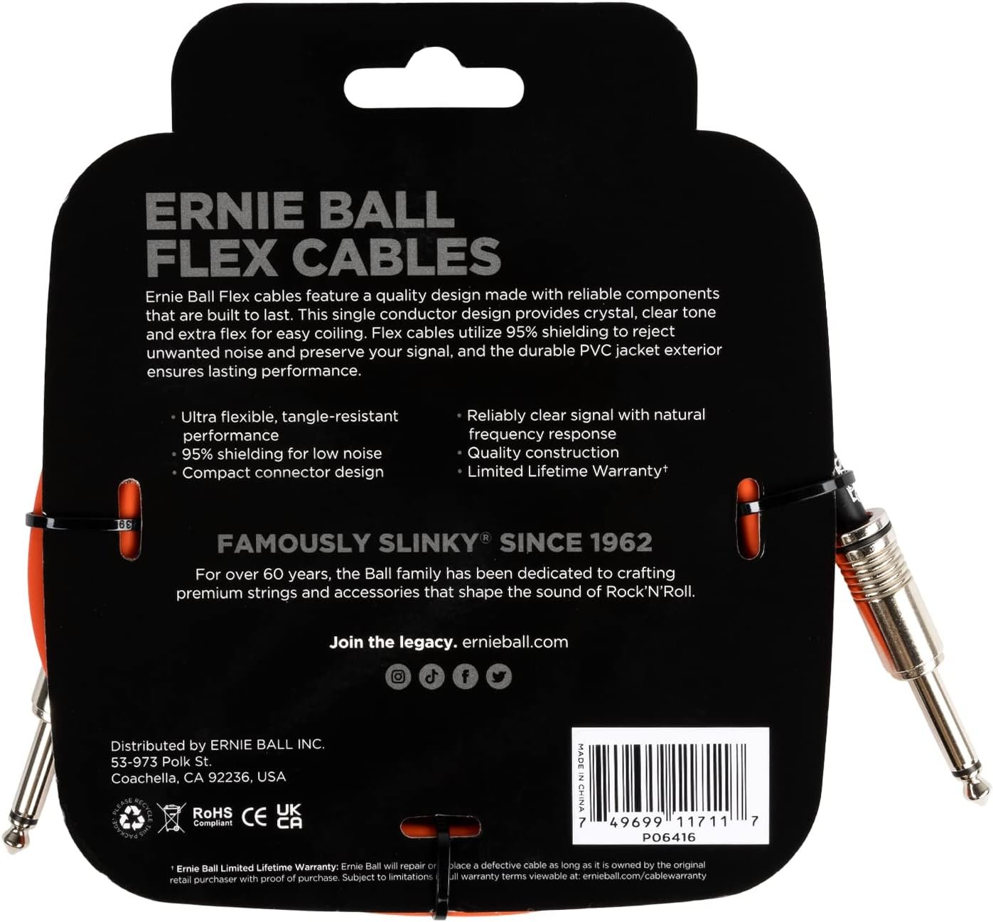 Ernie Ball Flex Instrument Cable Straight/Straight 10ft - Orange