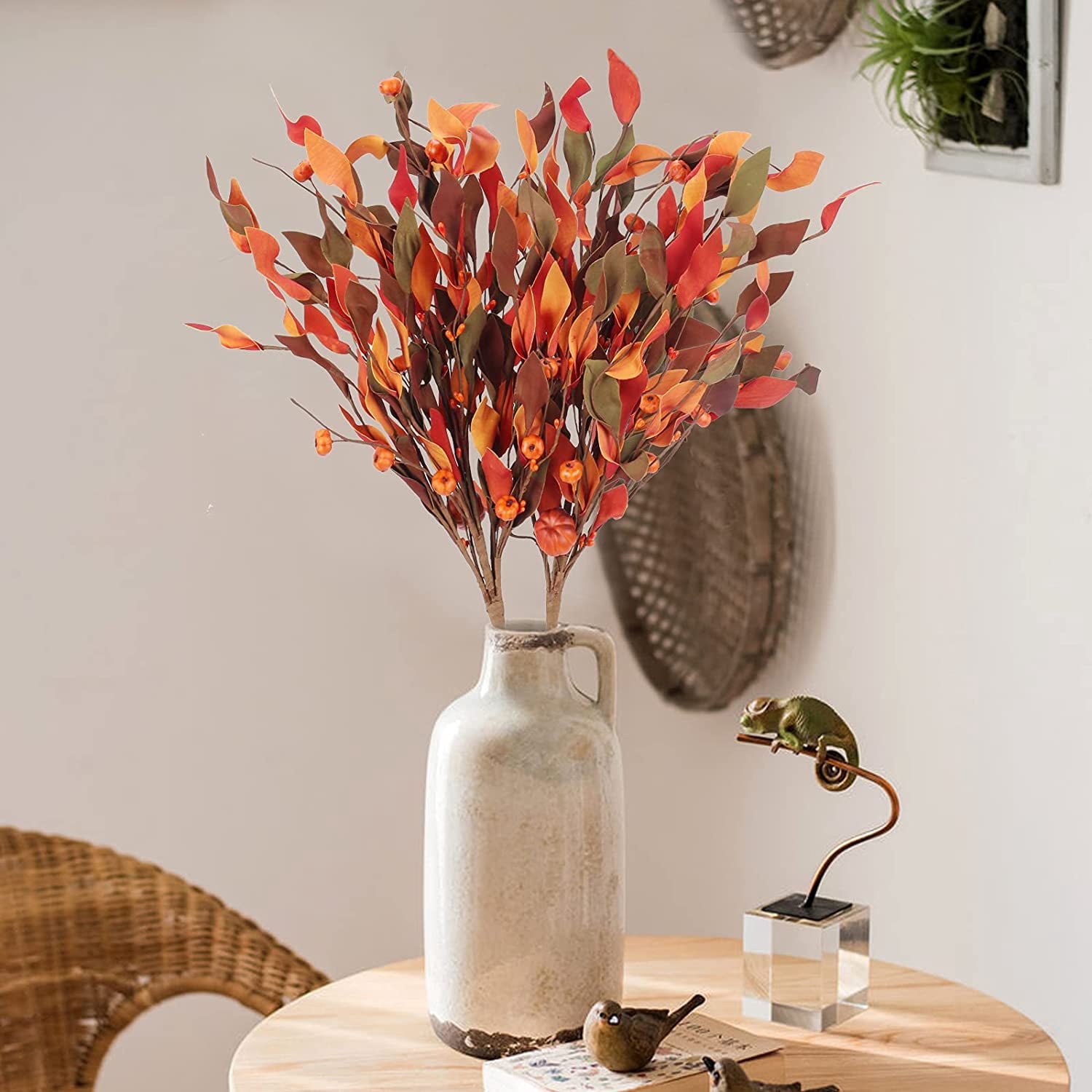 Artificial Fall Flowers Arrangement with Small Pumpkin Fake Autumn Leaves Fall Stems for Vase Dried Flowers Bouquet for Autumn Winter Home Kitchen Party Decoration