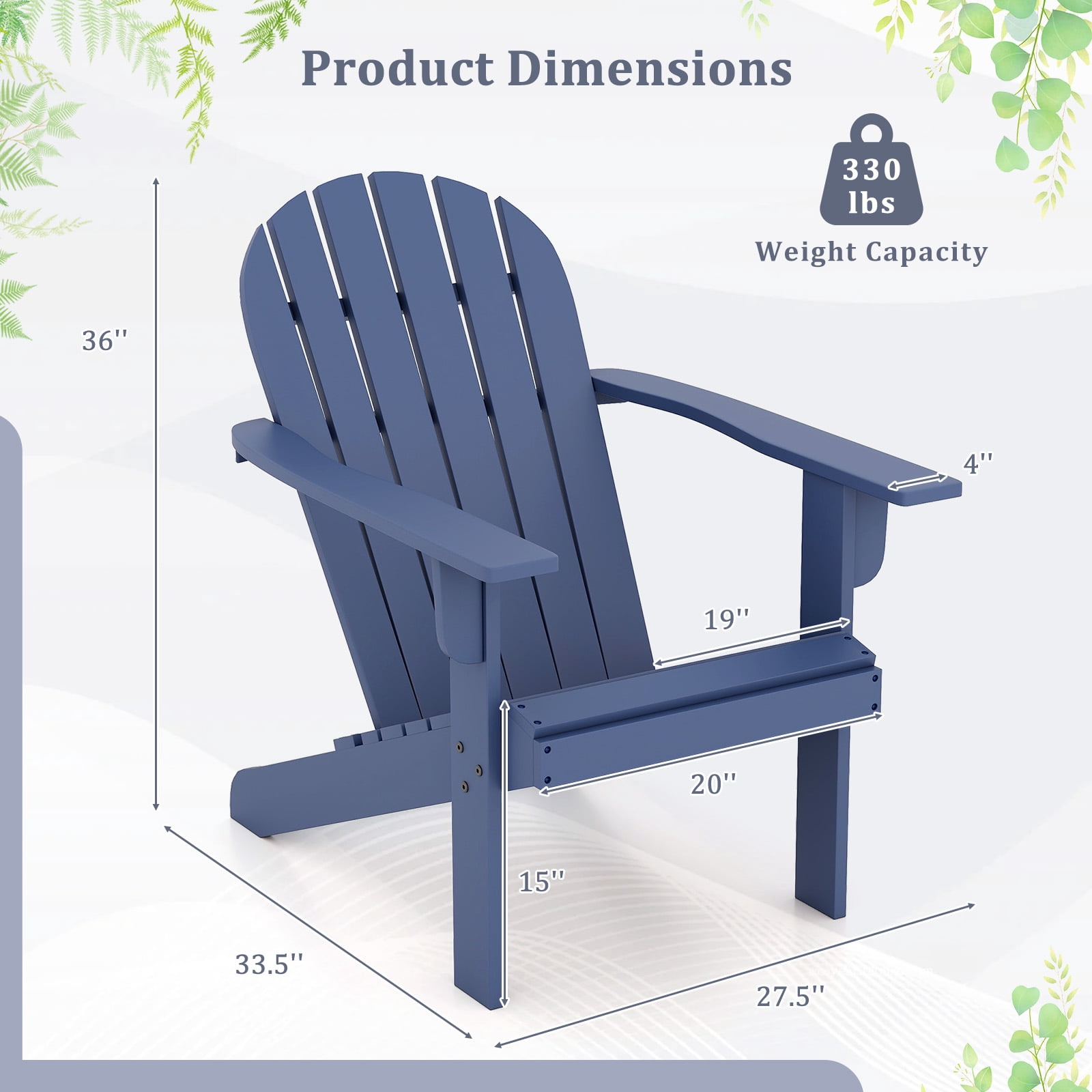 Gymax 2PCS Patio Adirondack Chair w/ Inclined Seat High Backrest & Wide Armrests Blue