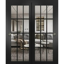 Sliding Closet Bypass Doors | Felicia 3355 Matte Black with Clear Glass | Sturdy Rails Moldings Trims Hardware Set | Wood Solid Bedroom Wardrobe Doors