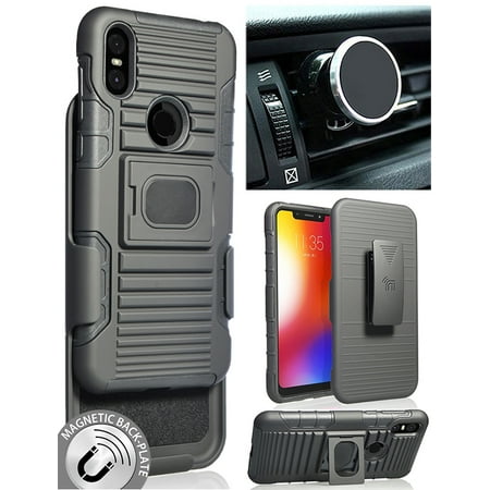 Motorola One Case/Mount/Clip, Nakedcellphone Black Ring Grip Case Cover + Belt Hip Holster Stand + Magnetic Car Holder for Motorola One (P30 Play)
