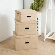 Collapsible Fabric Storage Bin With Handle Lid Foldable Box Linen Large Container Organizer For Home Clothes Storage, Khaki
