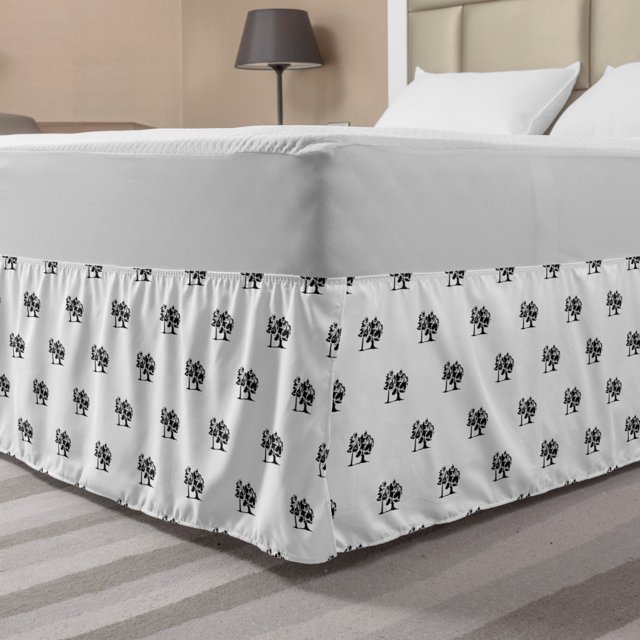 Charcoal Grey Bed Skirt, Monochrome Illustration of Repetitive Tree
