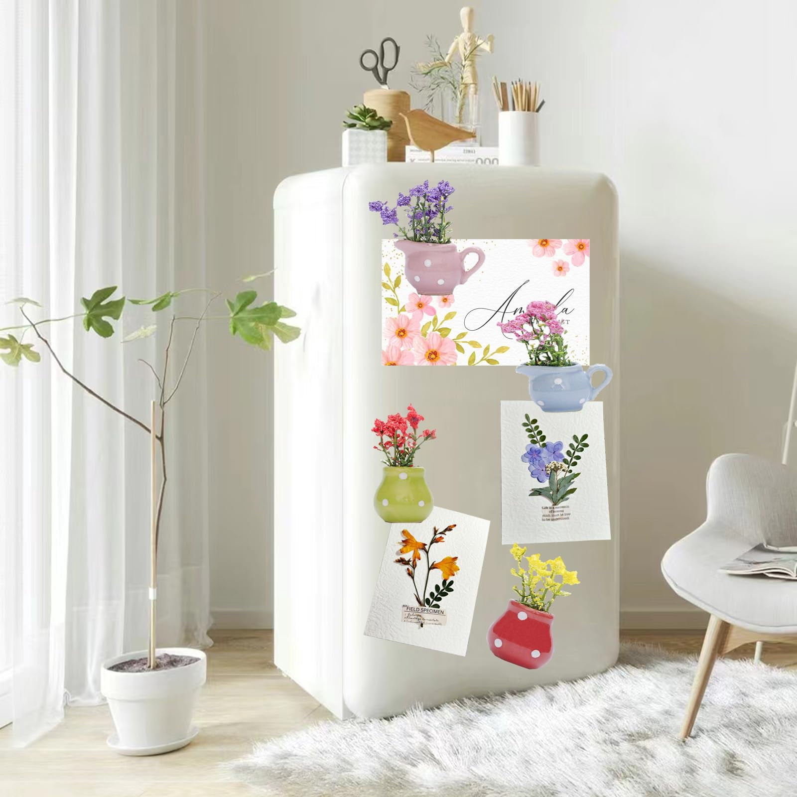 6Pcs Cute Mini Magnetic Vase for Fridge, Decorative Plant Fridge Magnets, Funny 3D Ceramic Refrigerator Magnets, Cute Fridge Decor, Decoration for Home, Kitchen, Office, Locker, Whiteboard