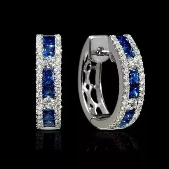 Divine Creation 2.20 Ct Princess Cut Blue Sapphire Clip On Womens Hoop Earrings 14K White Gold Plated 925 Sterling Silver