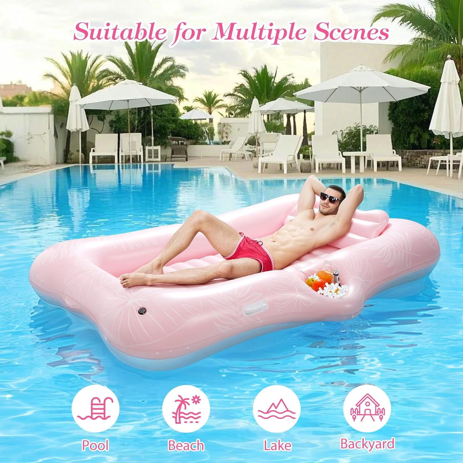 Pool Floats Adult, Large Floating Bed with Ice Bar, Tanning Bed Pool Raft Inflatable Lounger with Drink Holder Tanning Chair Inflatable Pool Toys for Party Beach Backyard