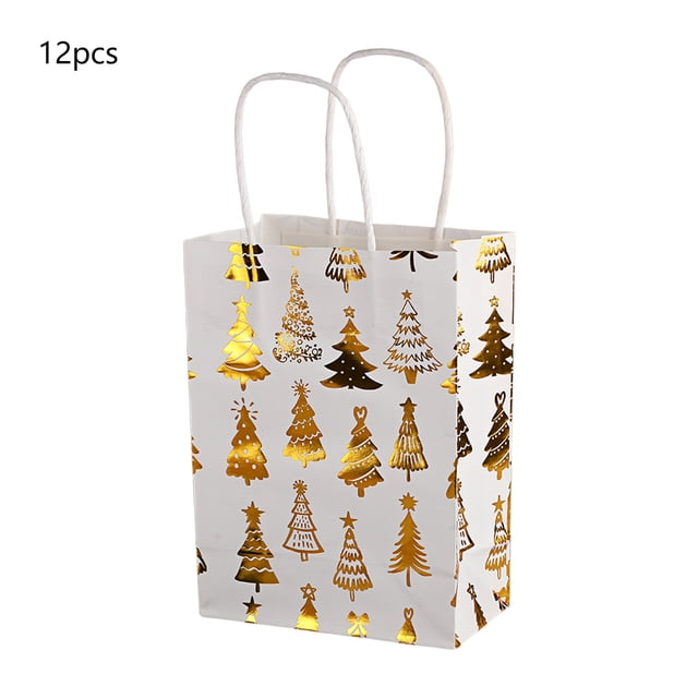 Eoozwa Christmas Party Favors Bags White and Gold Christmas Goodie Gift Paper Bags with Handles Xmas Tree Reindeer Snowflake Candy Treat Pouch for Xmas Party Decoration Holiday Supplies